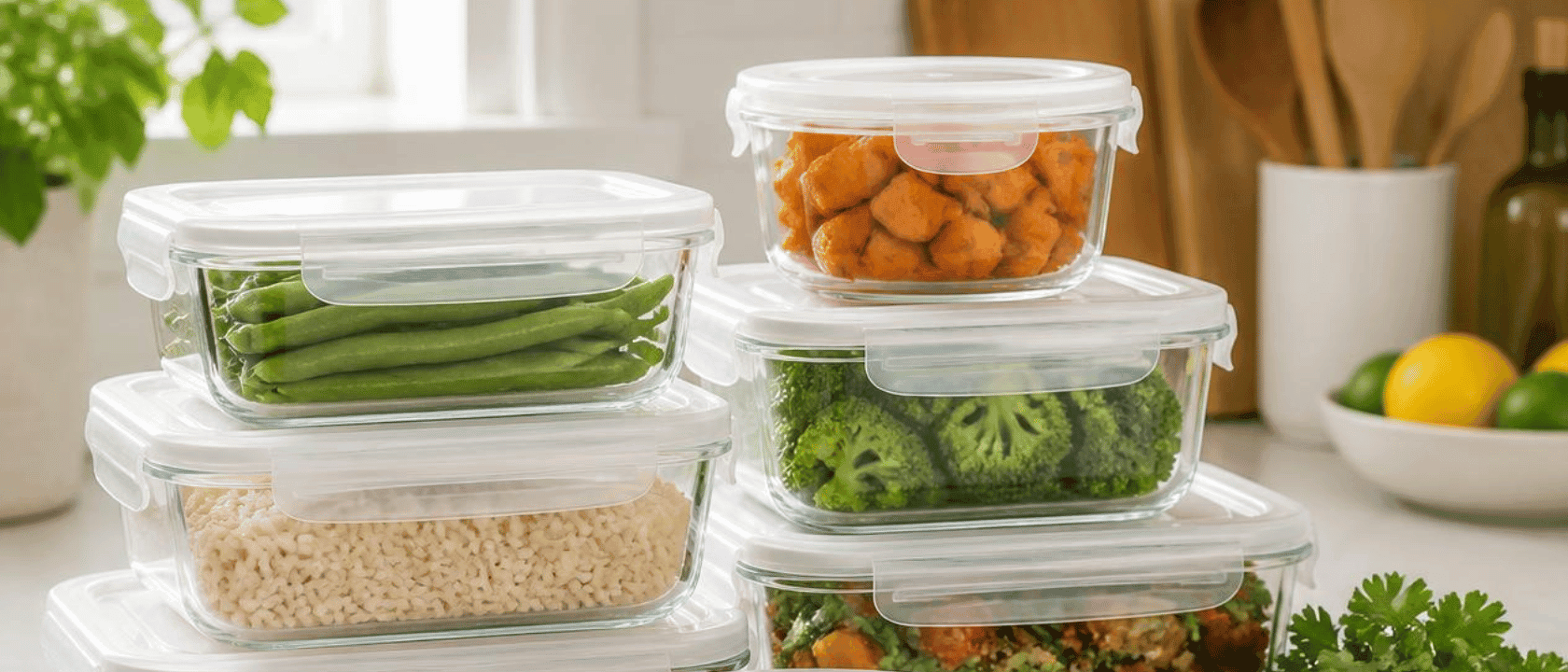 Glass Meal Prep Containers - Oven- and microwave-safe glass containers for batch cooking and portion-controlled meals.