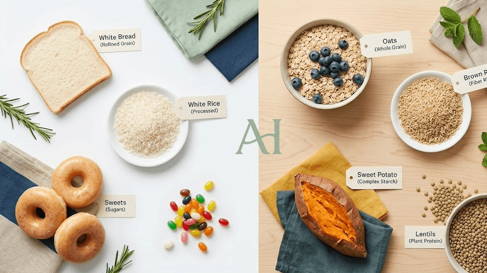 Side-by-side contrast of simple and complex carbohydrate sources - white bread and sweets alongside wholegrains, sweet potato, and oats.