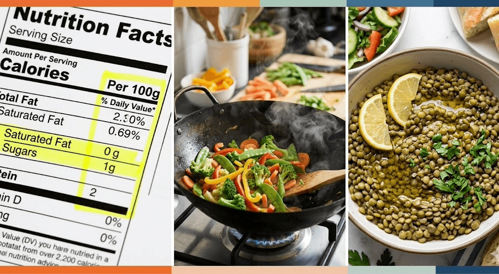 Hands examining a food label at a supermarket, alongside a steaming pot of vegetables and foods arranged to show smart pairing combinations like lentils with lemon.