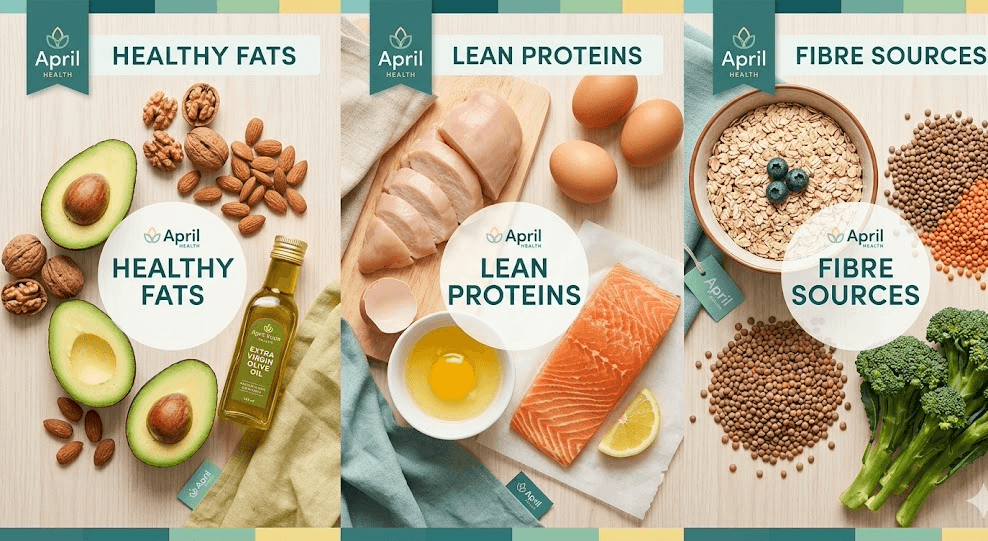 Colourful spread of whole foods representing the three macronutrients: avocado and nuts for healthy fats, chicken and eggs for protein, and oats and legumes for fibre-rich carbohydrates.