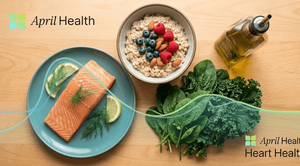 Visual representing metabolic and heart health through a plate of heart-healthy foods - oily fish, oats, leafy greens, and olive oil - alongside a subtle blood glucose curve graphic.