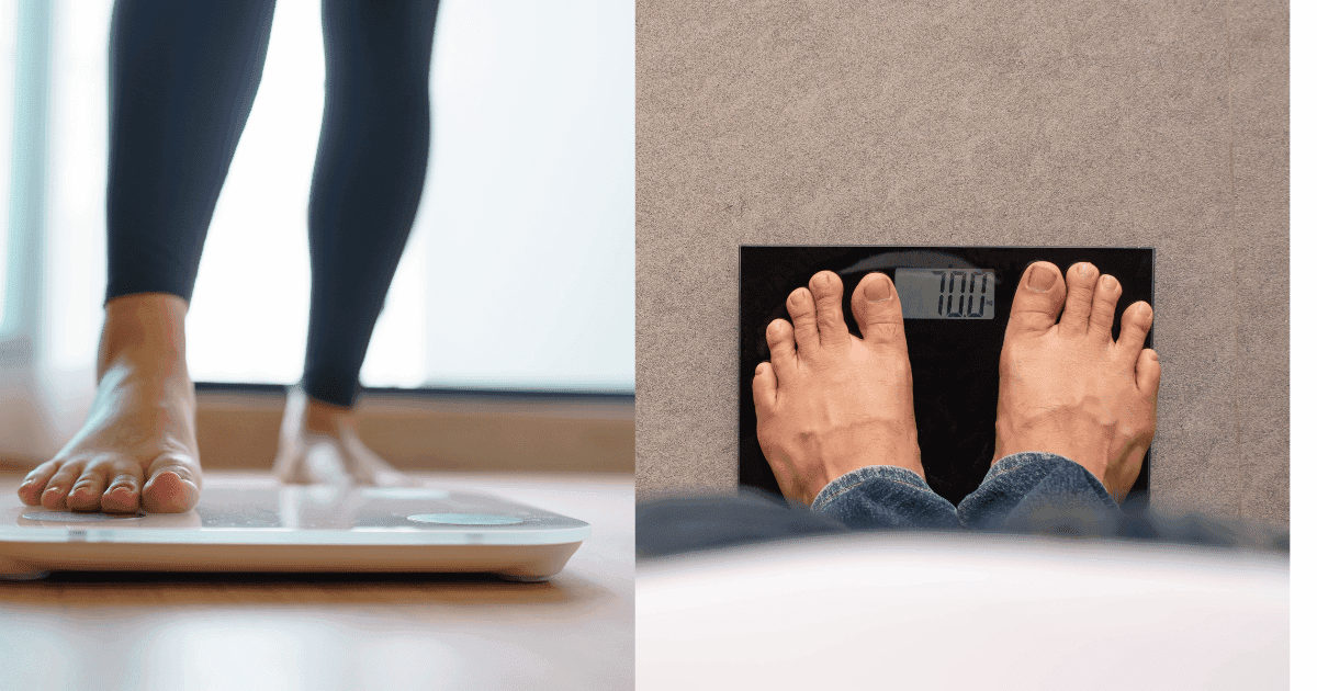 Bathroom scale beside labels for water, muscle, and fat - illustrating that scale weight is a mix of components, not fat alone.