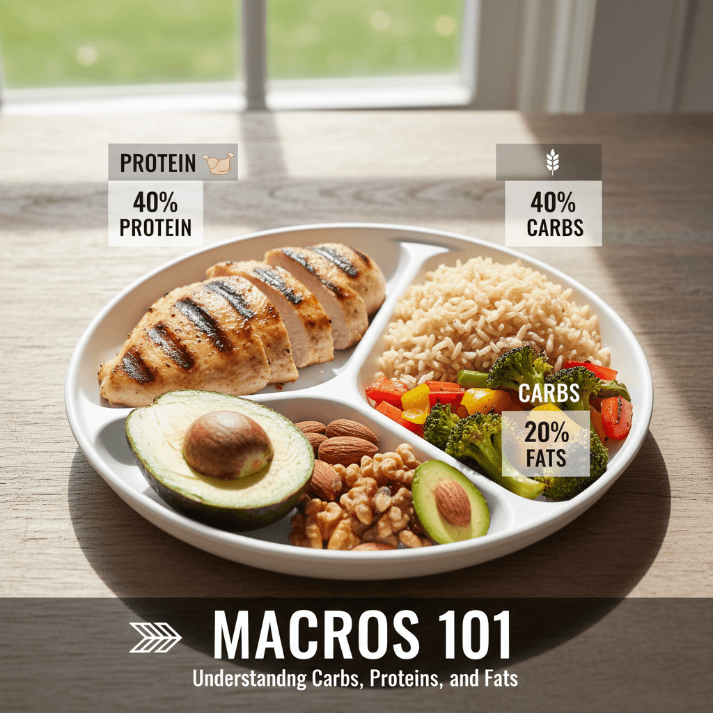 A colorful balanced plate showing portions of lean protein, complex carbohydrates, and healthy fats with clear visual sections
