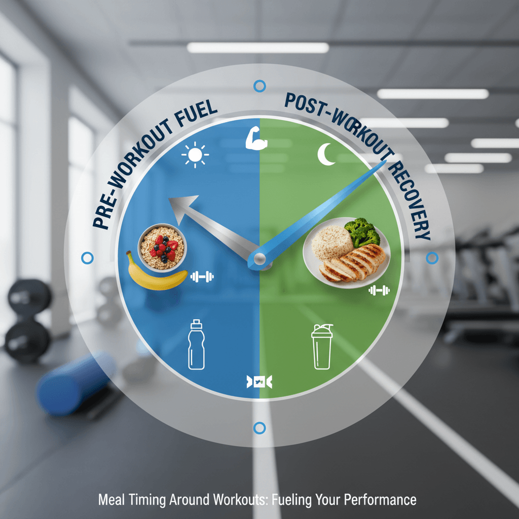 Clock face made of different foods showing pre and post workout meal timing