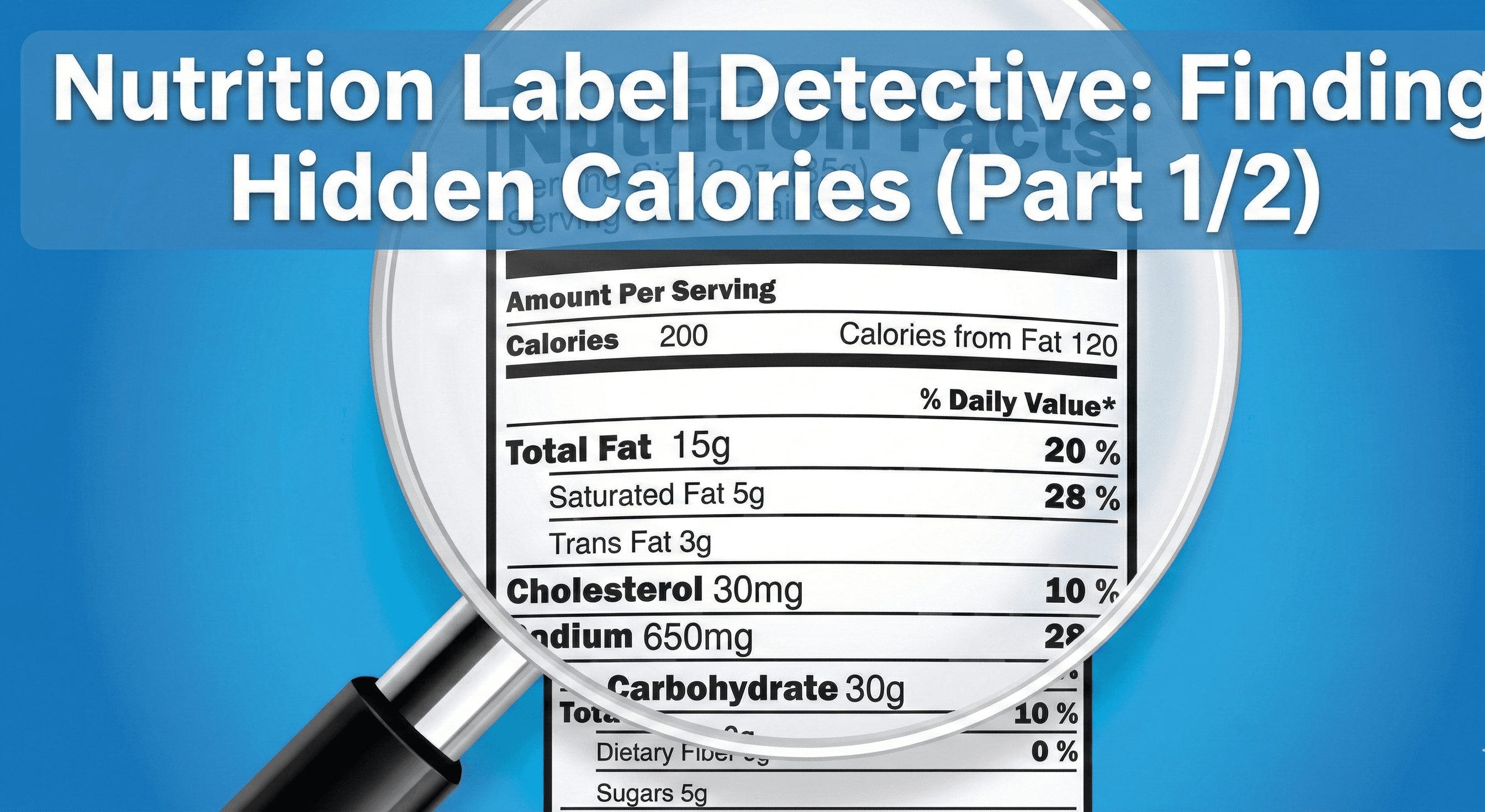 Hand holding magnifying glass over nutrition label on food package, highlighting calories section