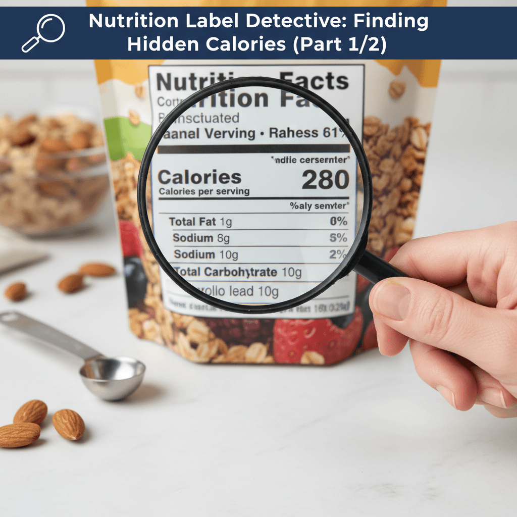 Hand holding magnifying glass over nutrition label on food package, highlighting calories section