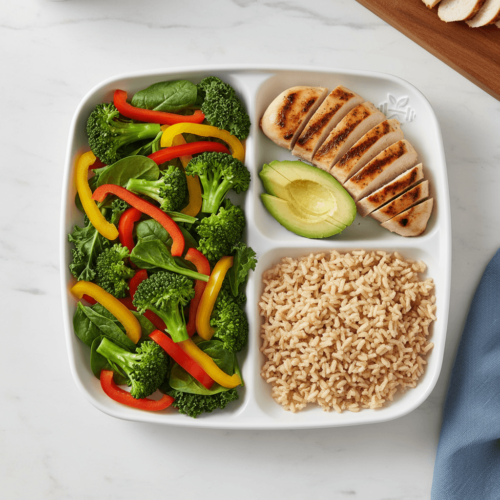 A colorful divided plate showing the ideal proportions of proteins, vegetables, whole grains, and healthy fats
