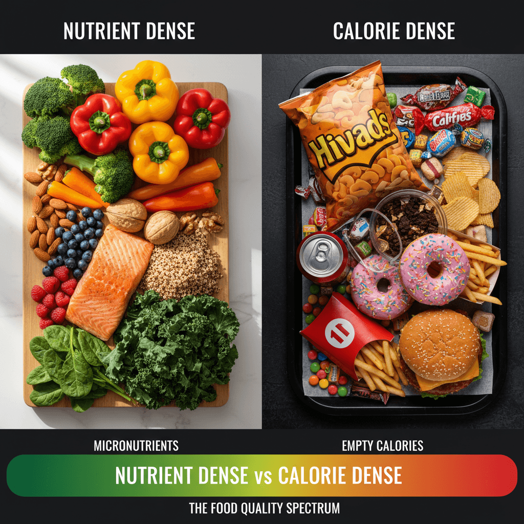 A vibrant split-screen image showing nutrient-dense foods (colorful vegetables, lean proteins, whole grains) on one side and calorie-dense foods (processed snacks, sugary drinks, fried foods) on the other, with a gradient spectrum bar beneath