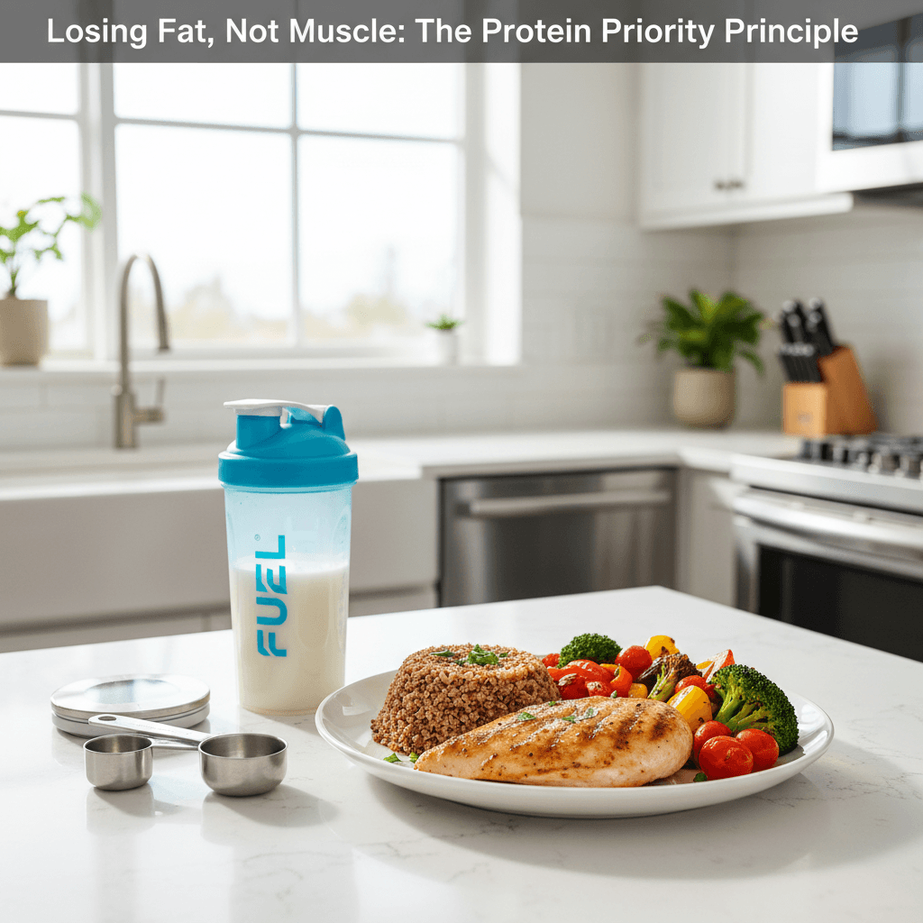Split image showing a plate divided into sections with lean protein sources prominently featured, alongside a person doing resistance training