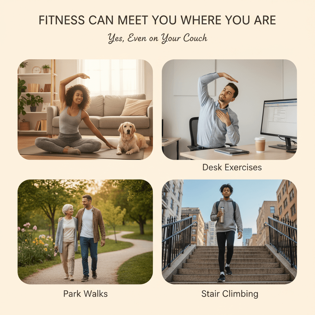 Collage showing people exercising in various settings - living room, office, park, stairs - demonstrating fitness is possible anywhere
