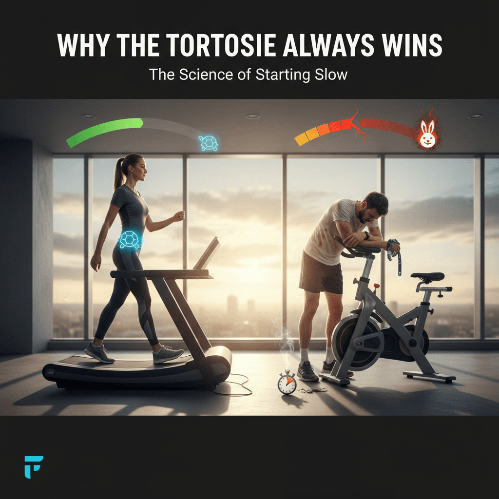 Visual metaphor showing steady progress versus rushed attempts - tortoise and hare reimagined for fitness