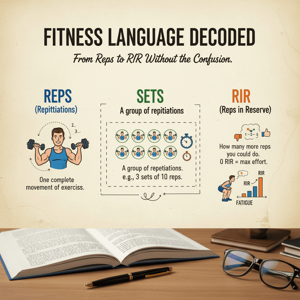 Visual dictionary of fitness terms with simple illustrations explaining common gym vocabulary