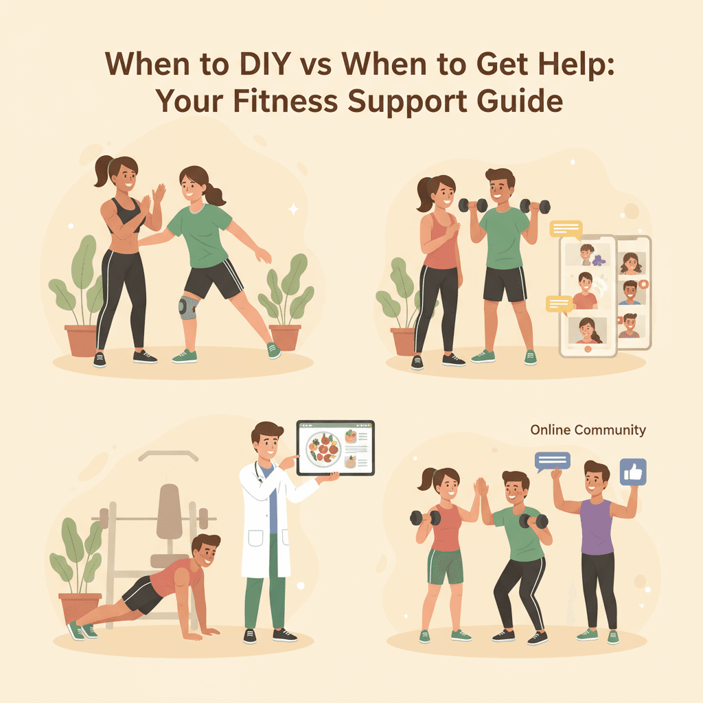 Diverse group of fitness professionals and supportive community members helping beginners