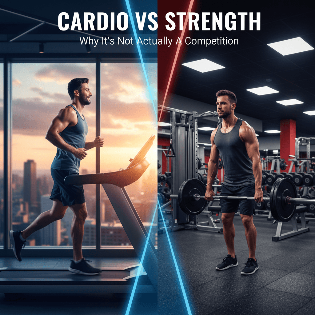 Split image showing a person running on one side and lifting weights on the other, merged in the middle to show both activities can coexist harmoniously