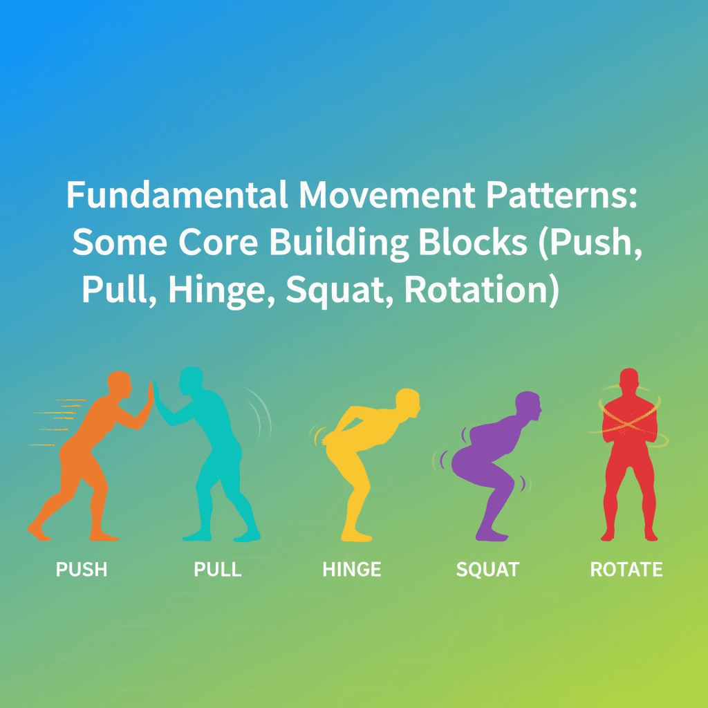 Split view showing the 5 fundamental movement patterns with silhouettes demonstrating each: push, pull, hinge, squat, and rotation