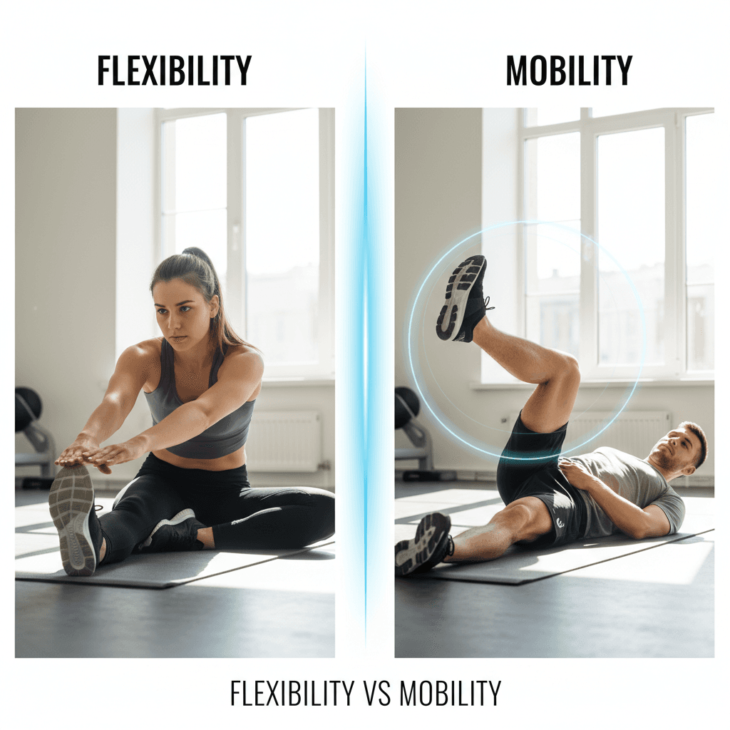 Split image showing a person stretching in a static hamstring stretch on the left (flexibility) and performing a dynamic hip circle movement on the right (mobility), with visual indicators showing the difference between passive range and active control