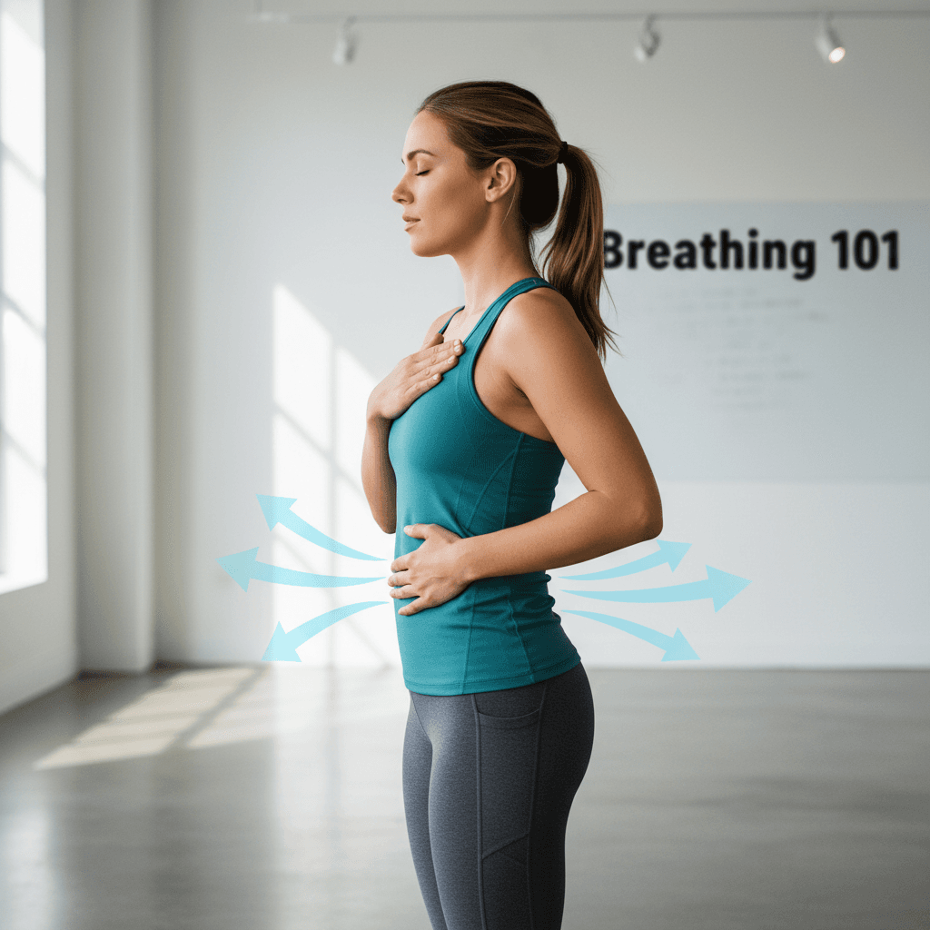 Person demonstrating proper diaphragmatic breathing with hand on chest and belly, showing the expansion of the abdomen