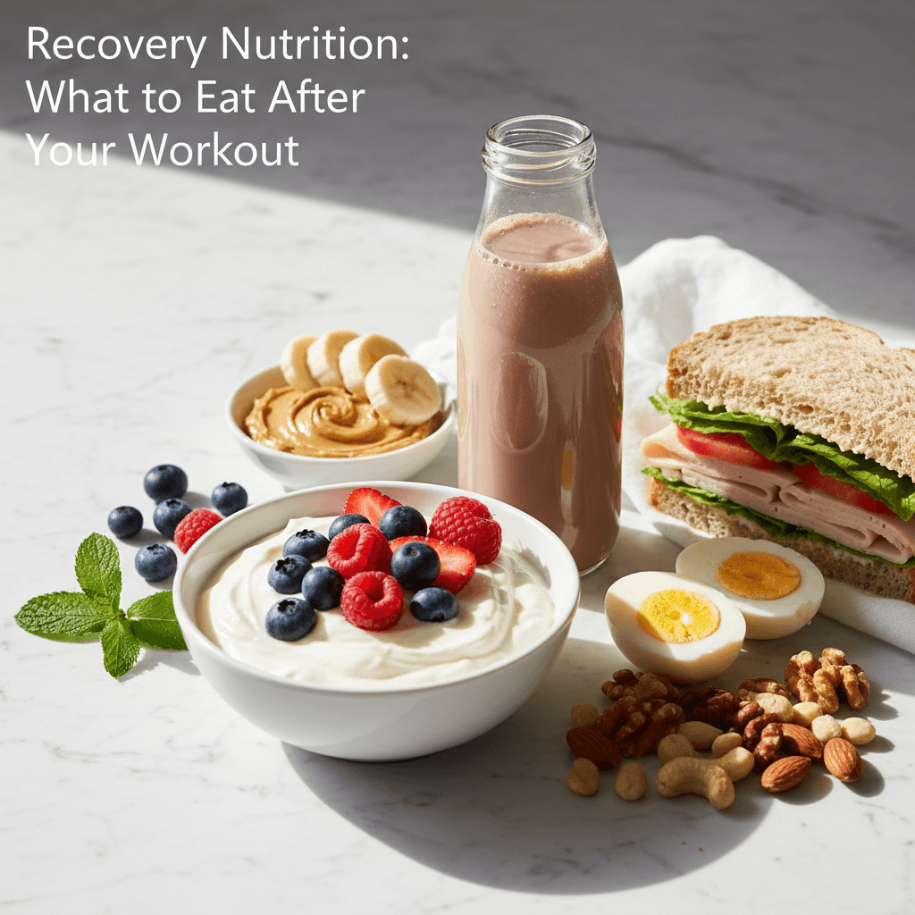 A colorful spread of post-workout recovery foods including chocolate milk, banana with peanut butter, Greek yogurt with berries, and a turkey sandwich on whole grain bread