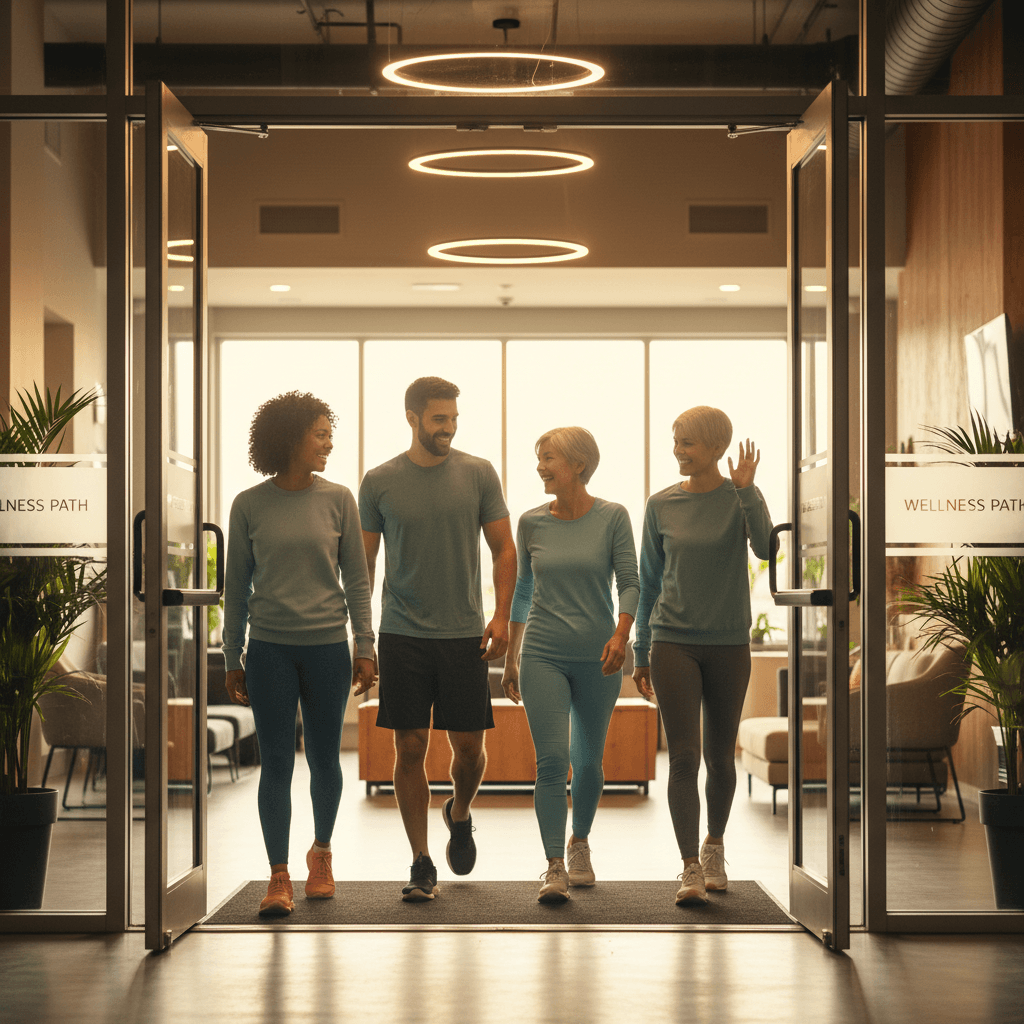 A welcoming gym entrance with diverse people of all fitness levels smiling and entering together, creating a warm and inclusive atmosphere