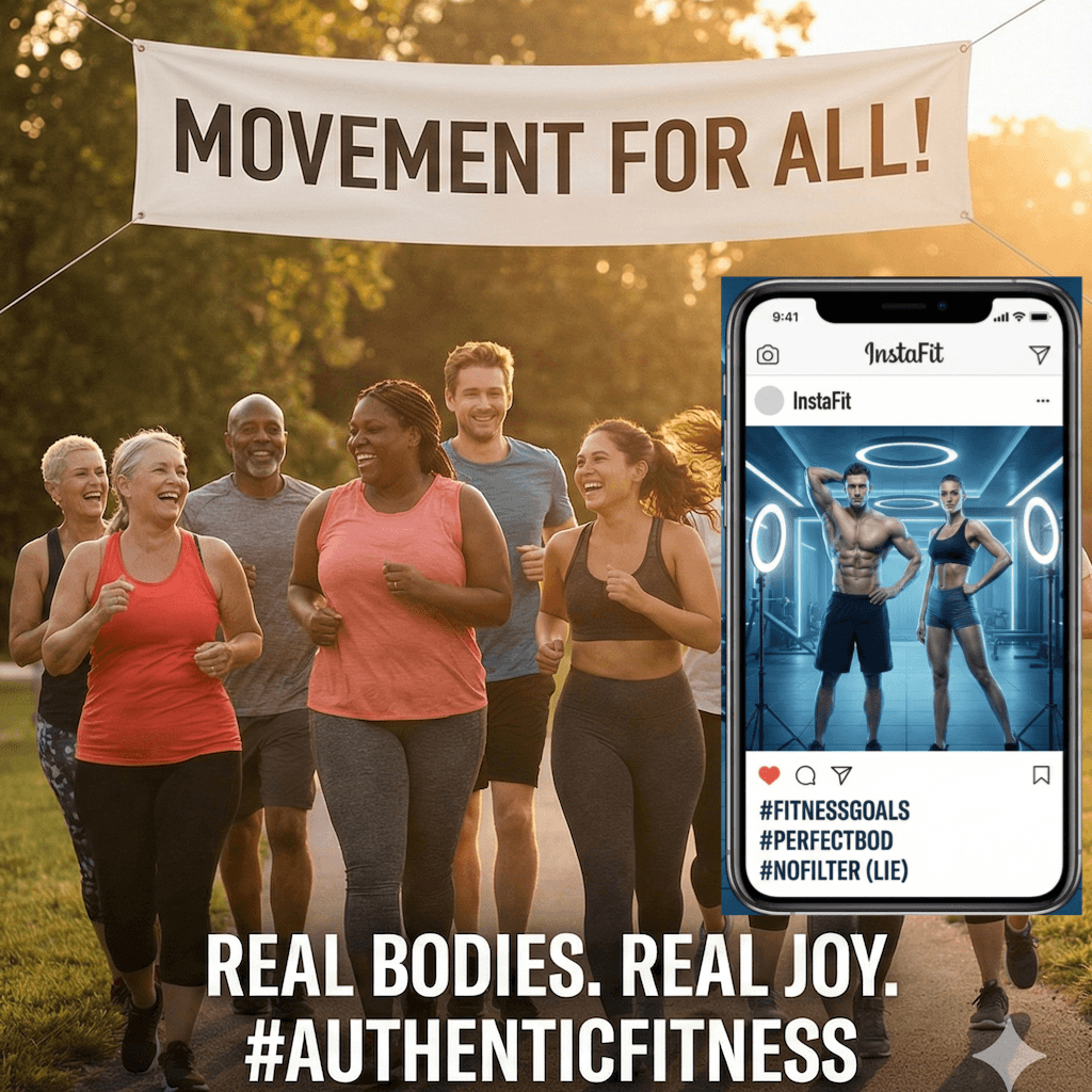 Split image showing Instagram fitness myths versus real fitness reality - influencer posing vs regular person exercising happily