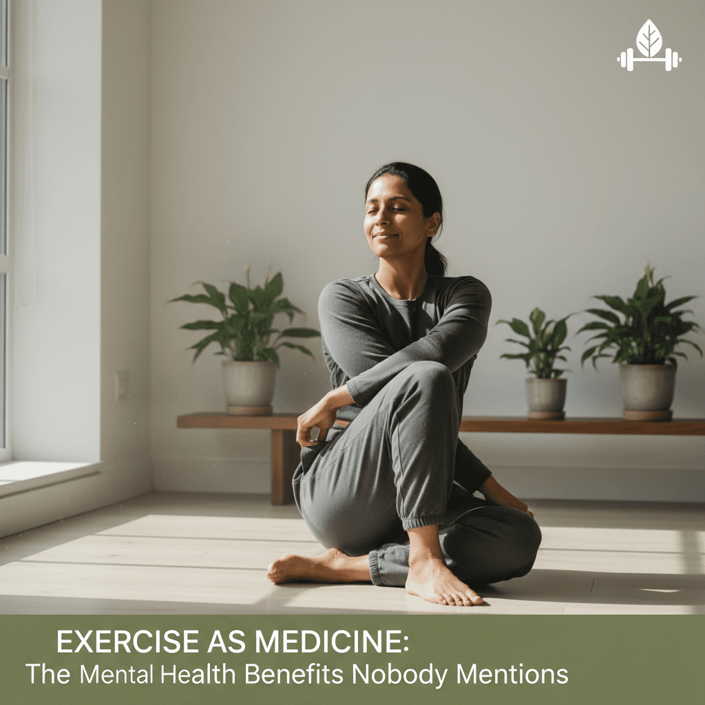 Person doing yoga in a peaceful setting with visible stress relief elements like calm facial expression and relaxed posture