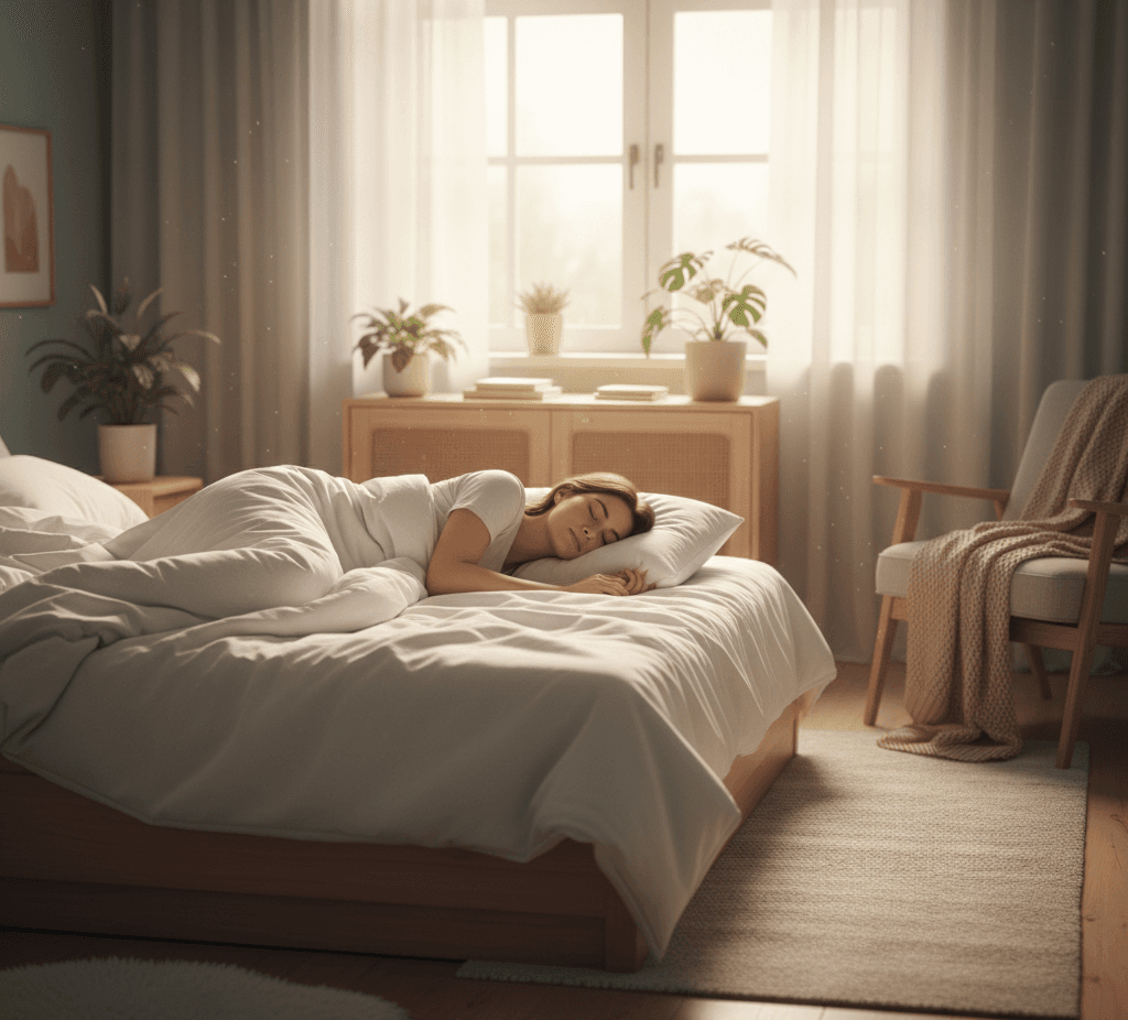 Peaceful bedroom scene with soft lighting, showing a person sleeping comfortably with subtle visual elements representing muscle recovery and growth