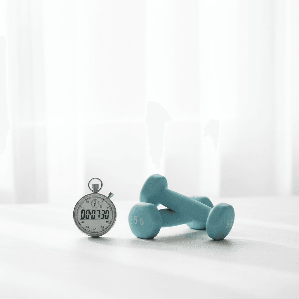 A minimalist composition showing a small stopwatch next to light dumbbells on a clean white surface, symbolizing the concept of minimal but effective exercise