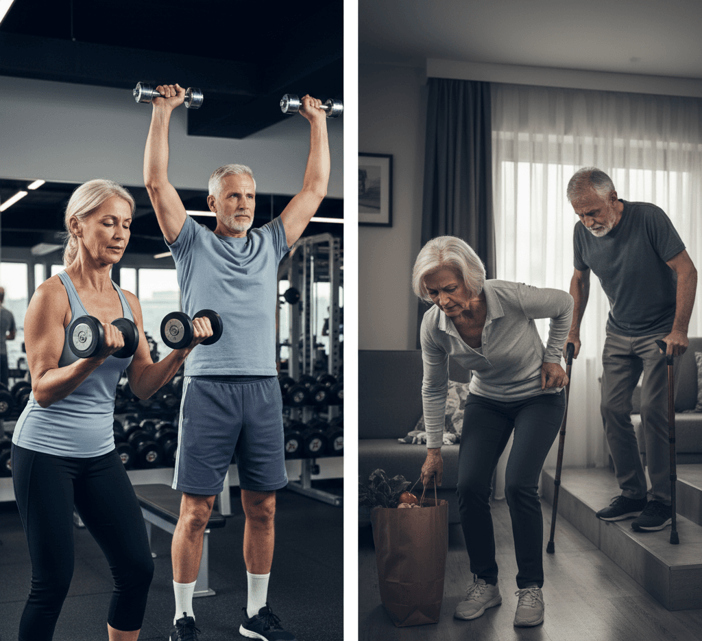Split image showing active older adult lifting weights on one side and sedentary older adult struggling with daily tasks on the other
