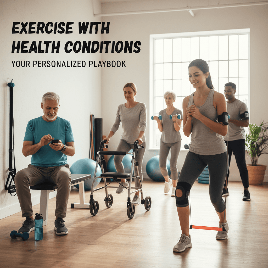 Diverse group of people with various health conditions exercising together in a supportive gym environment