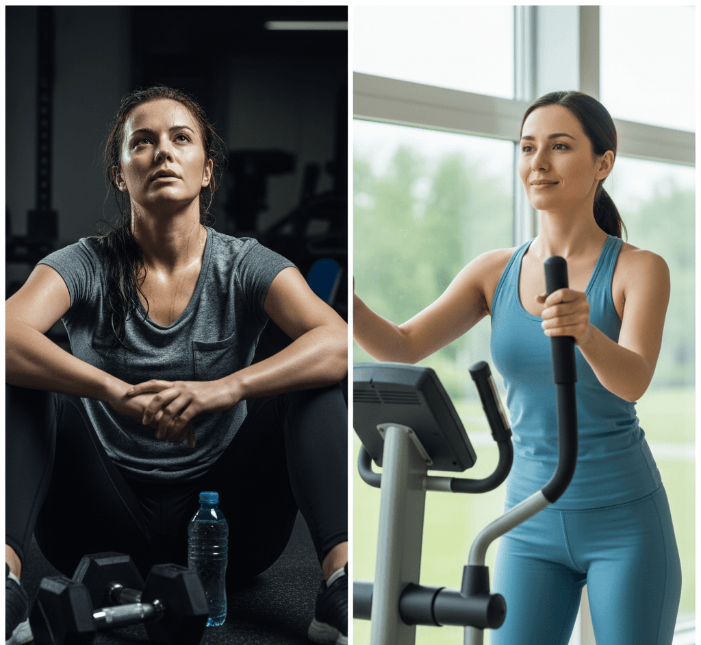 Split image showing exhausted person after intense workout on left, and calm person doing moderate exercise on right
