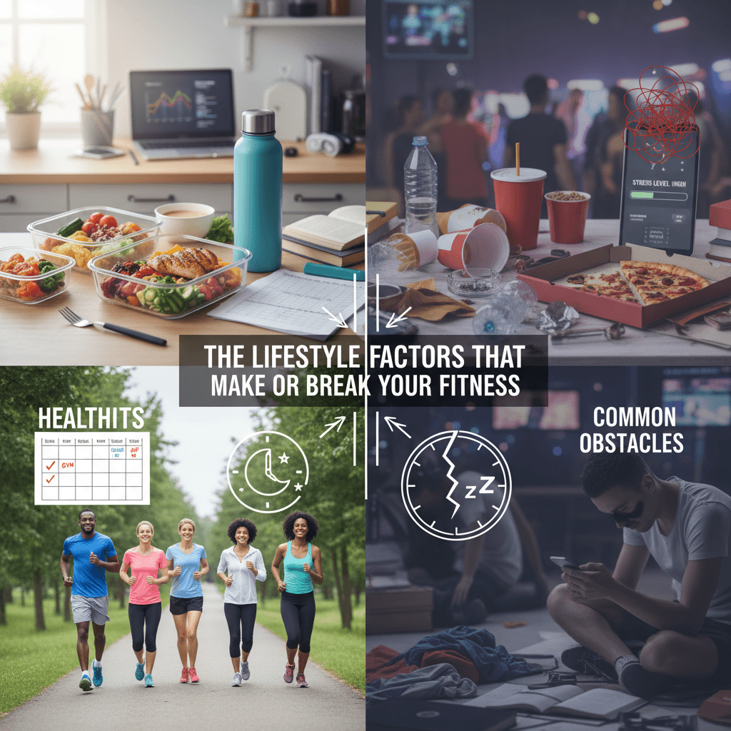 A vibrant split-screen image showing contrasting lifestyles - one side depicting healthy habits like meal prep, water bottles, and organized schedule, the other showing common obstacles like late-night snacking, stress, and cluttered environment