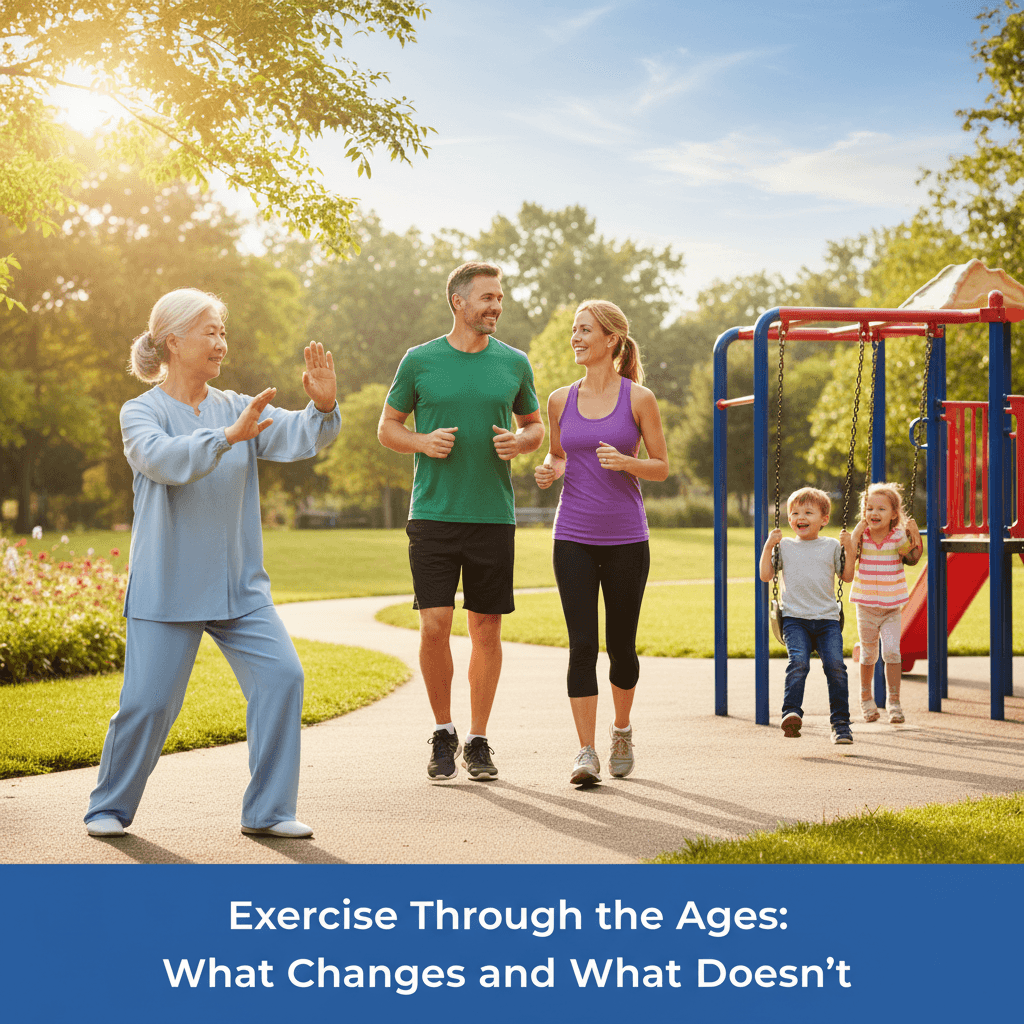 Three generations exercising together in a park - a grandmother doing tai chi, parents jogging, and children playing actively